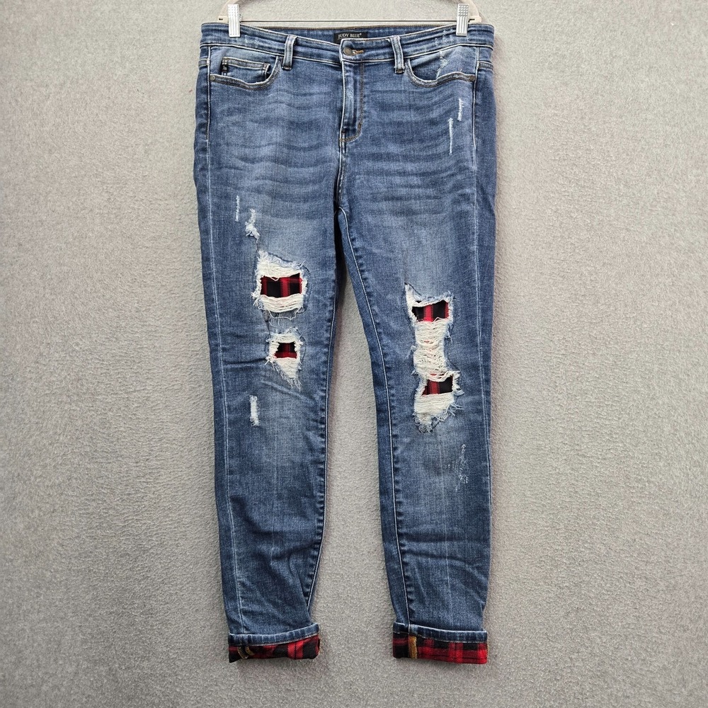 Judy Blue Women Jeans 15/32 Blue Distressed Buffalo Plaid Skinny Fit Inseam 29"